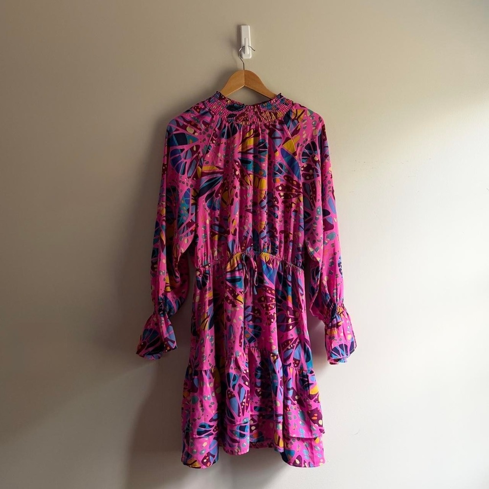ODDI Pink Abstract Floral Retro Maximalist Mini Dress Smocked Neck L